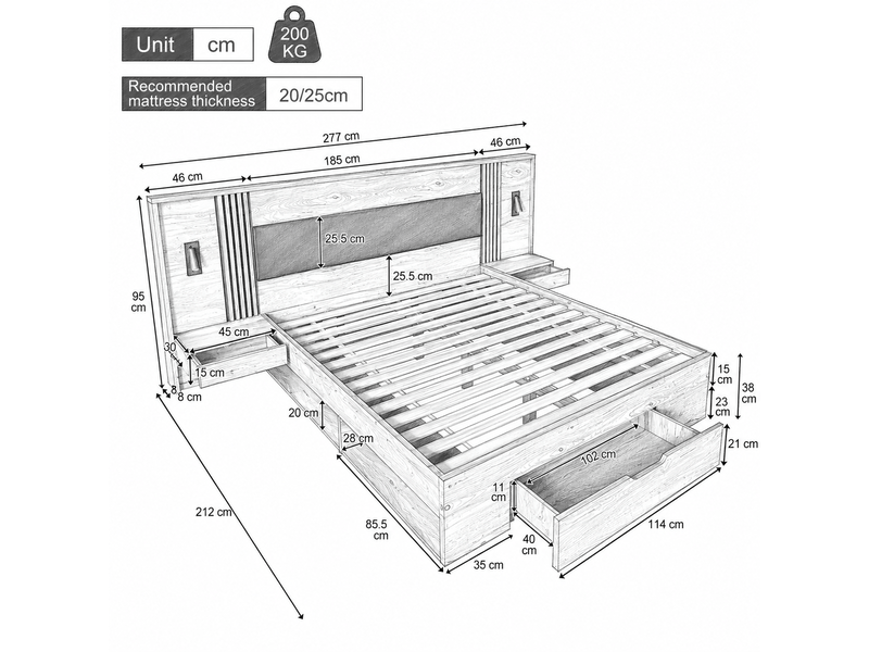  Lit adulte 180x200cm avec rangement tiroirs tables de chevet lampe matelas inclus bois naturel  - Conforama C