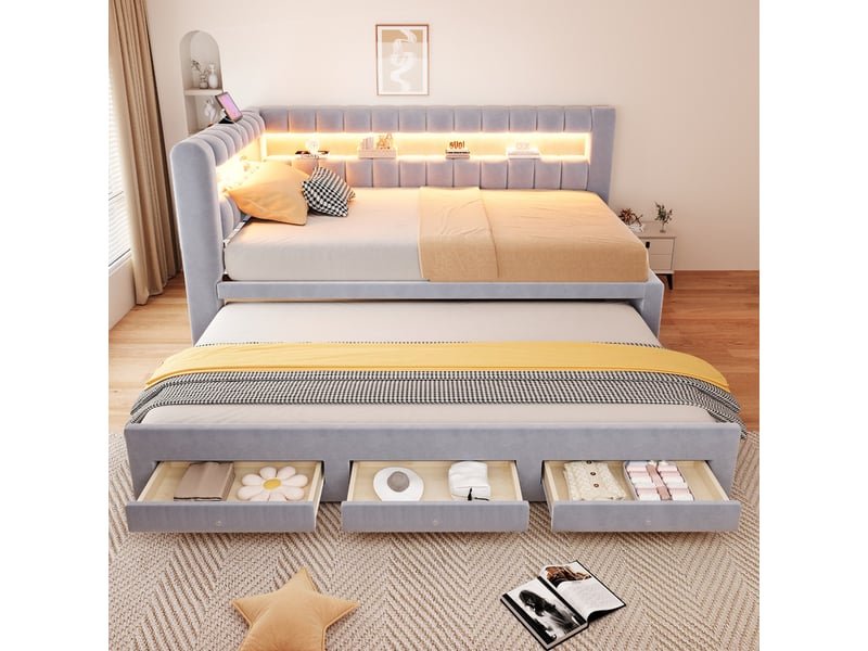Lit rembourré convertible 90x190 cm, avec lit gigogne, tiroir, led, usb, têtedossier renforcés, velours gris clair - Conforama D