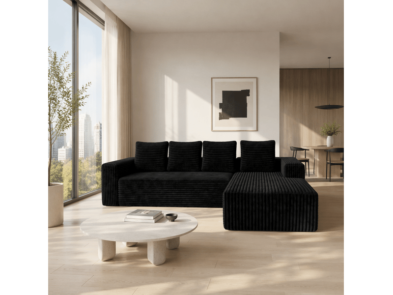 Canapé d’angle tcqpz modulable 4 places 261 x 171 x 58 cm avec méridienne à gauche velours côtelé noir - Conforama B