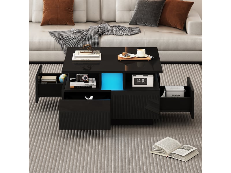  Table basse noire brillante carrée 70x70 cm, table de salon avec led app, 4 tiroirs et 3 niveaux  - Conforama B