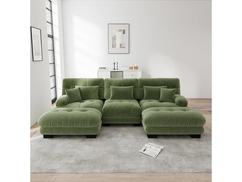 Canapé panoramique en u modulable avec assise profonde et ottoman, en chenille vert pour salon - Conforama C