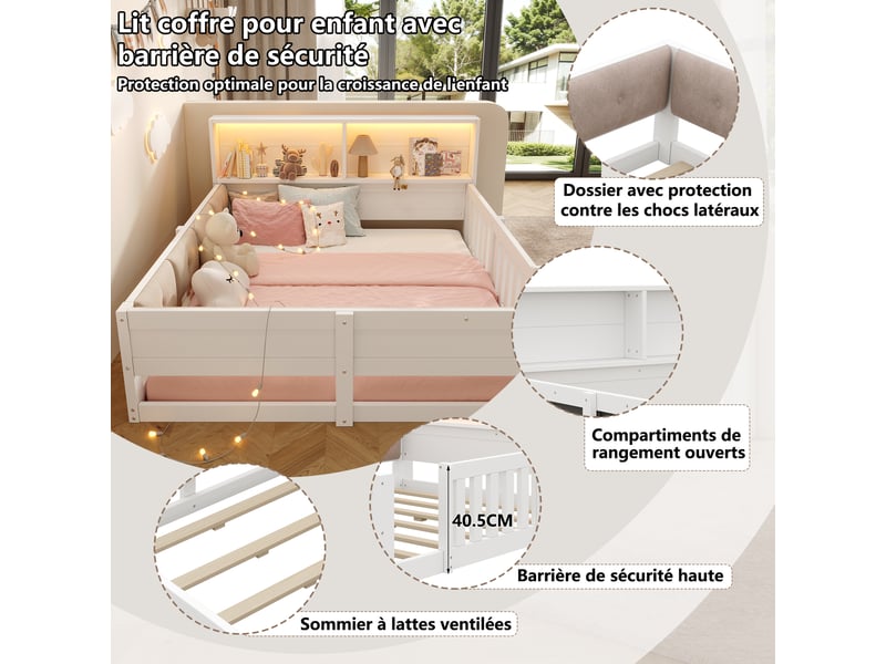  Lit au sol, lit enfant 140x200 cm avec barrières, côtés rembourrés, tête de lit avec rangement, led et panneaux de particules, blanc  - Conforama E
