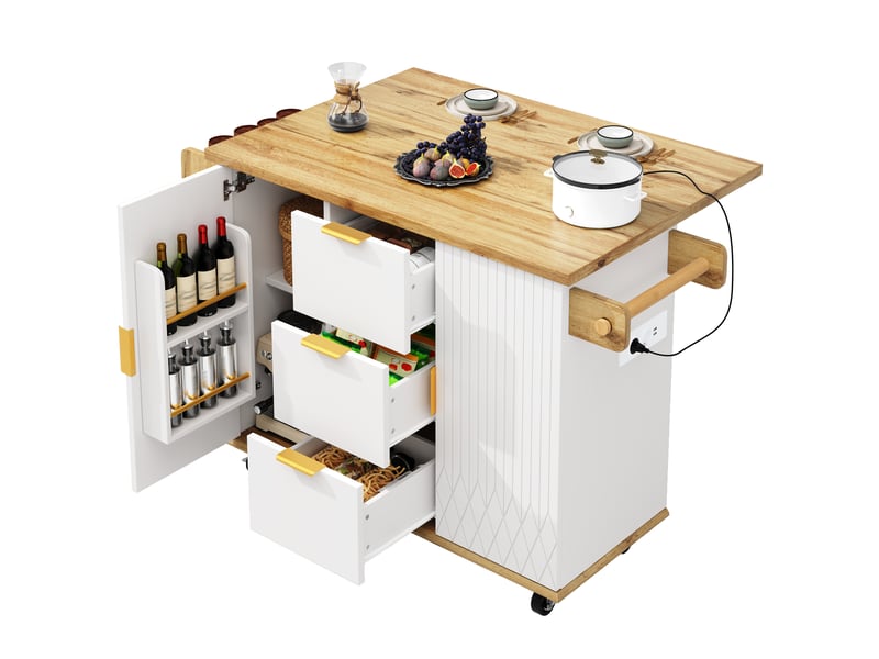  Desserte de cuisine sur roulettes avec prise électrique plan de travail rabattable îlot central mobile blanc et bois 134 cm  - Conforama A