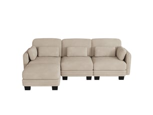 Canapé d’angle en l 3 places, configuration modulaire, tissu chenille doux, coussins de soutien lombaire et d’accoudoir fournis, 253 × 143 × 88 cm, marron clair