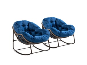 Cocon - lot de 2 fauteuils à bascule en rotin naturel – forme œuf et coussins bleu – confortable pour salon, véranda ou chambre