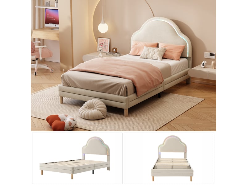  Lit enfant 90 × 200 cm 1 place avec led multicolore et tête de lit nuage, sans matelas, en velours beige  - Conforama E