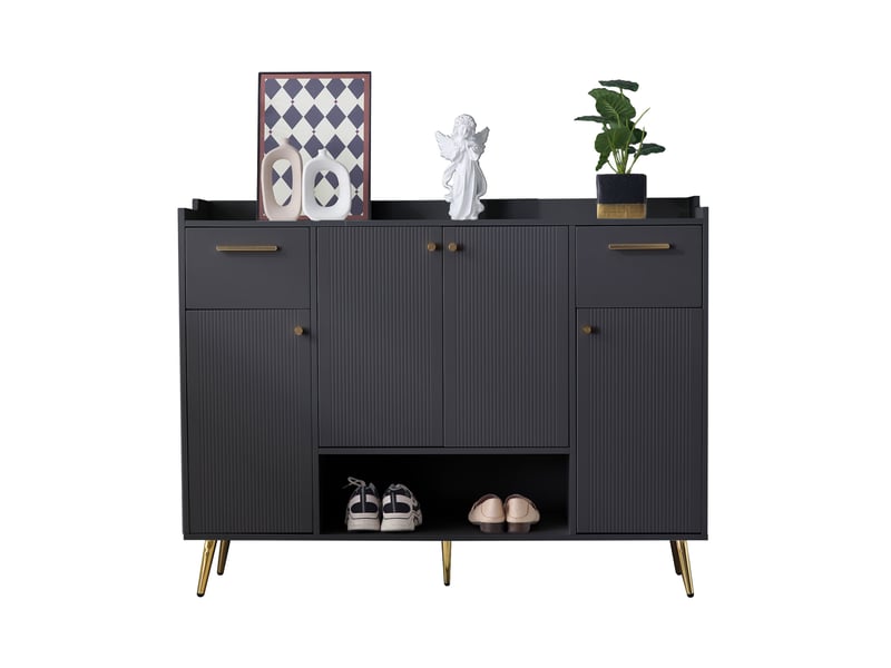  Meuble à chaussures 130x37x100 cm – noir – 2 tiroirs, 4 portes et rangement ouvert pour entrée moderne  - Conforama A