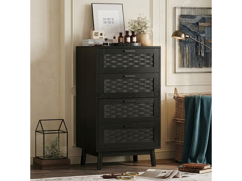 Commode en rotin à 4 tiroirs, meuble de rangement avec système anti-basculement, poignées et pieds, commode en bois pour chambre, bureau, 55x40x95 cm - Conforama E