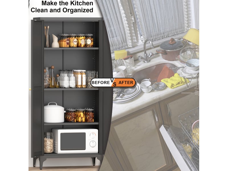  Armoire de rangement haute en métal à 2 portes et 4 étagères réglables pour cuisine, salon et bureau, noir  - Conforama E