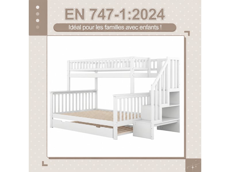  Lit superposé enfant avec escalier et rangements, lit gigogne, pin massif et mdf blanc, 90 x 200 et 140 x 200 cm  - Conforama R