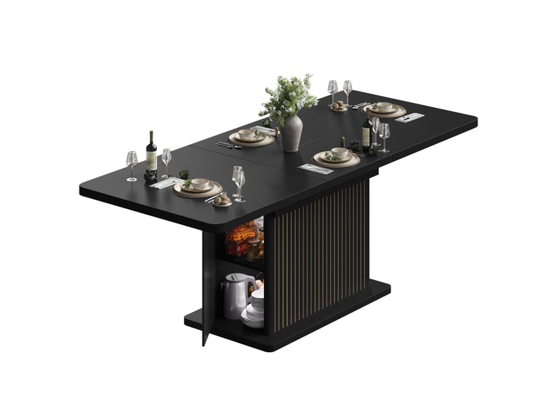  Table à manger extensible 120 à 160 cm avec rangement caché, plateau rabattable et façades rainurées, noir ABC - Conforama A