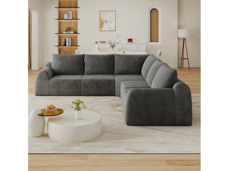 Canapé d'angle 5 places compressé sans outils, rembourrage en mousse et revêtement en chenille gris foncé  - Conforama E