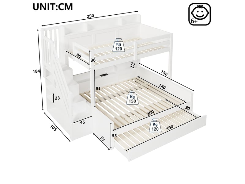 Lit superposé 90 × 200 cm et 140 × 200 cm, 4 places avec lit gigogne 90 × 190 cm, usb, rangements, sans matelas - Conforama D