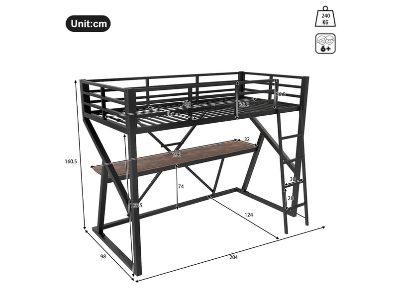  Lit mezzanine enfant 90x200 cm, led, bureau, garde-corps, sommier, métal noir, sans matelas  - Conforama C