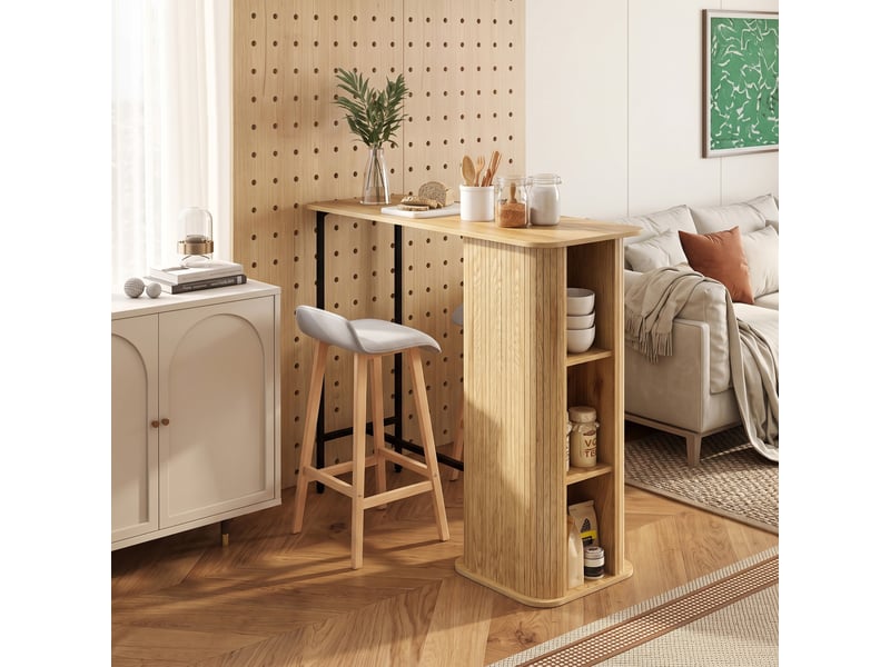  Table haute mange debout, table de bar avec 3 étagères de rangement et pieds en métal, 112x50x106cm, bois naturel  - Conforama C