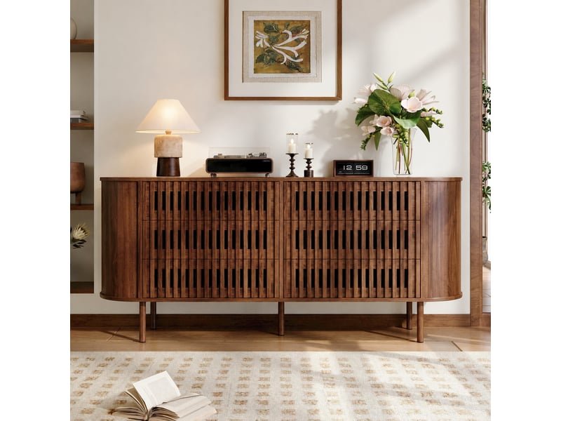  Buffet 160 x 40 x 70 cm à six tiroirs, façade à lames, pieds métal, marron noyer  - Conforama C