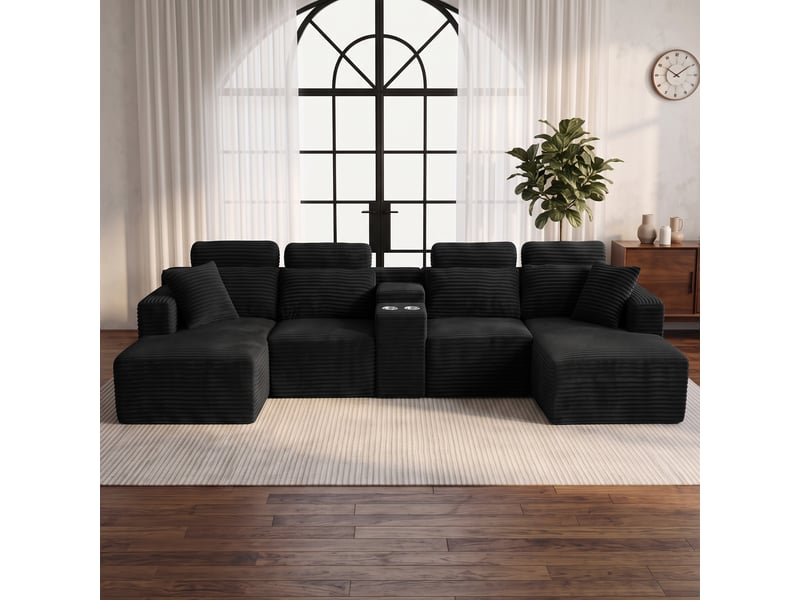 Canapé d’angle en u 6 places 372 x 151 x 80 cm, grand format modulable à assise moelleuse et porte-gobelets, mousse et velours côtelé, noir OMNIGLINT TRADING LTD - Conforama C