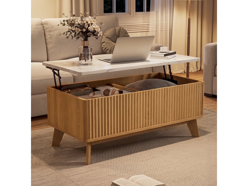  Table basse relevable – plateau marbre –  rangement xxl –  design scandinave – bois  - Conforama E