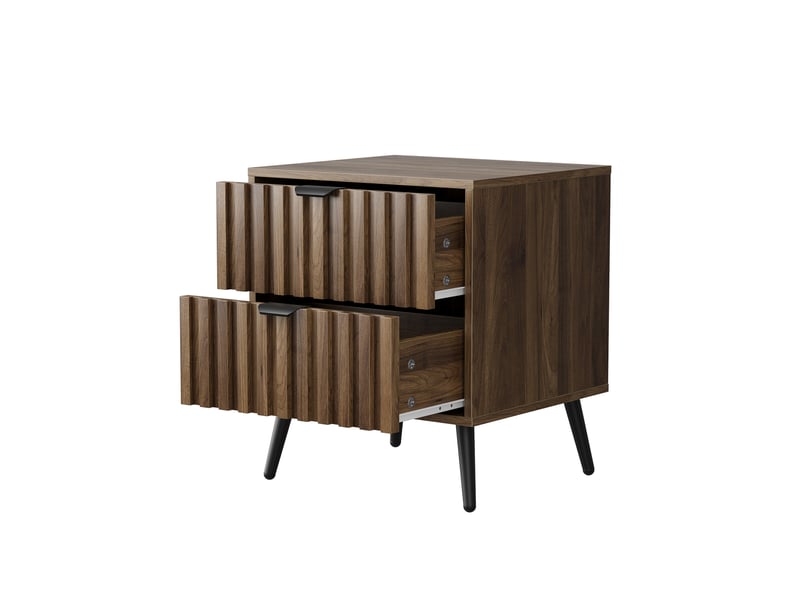  Table de chevet moderne à 2 tiroirs – décor noyer foncé – mdf et pieds métalliques – 45 x 40 x 53 cm  - Conforama A
