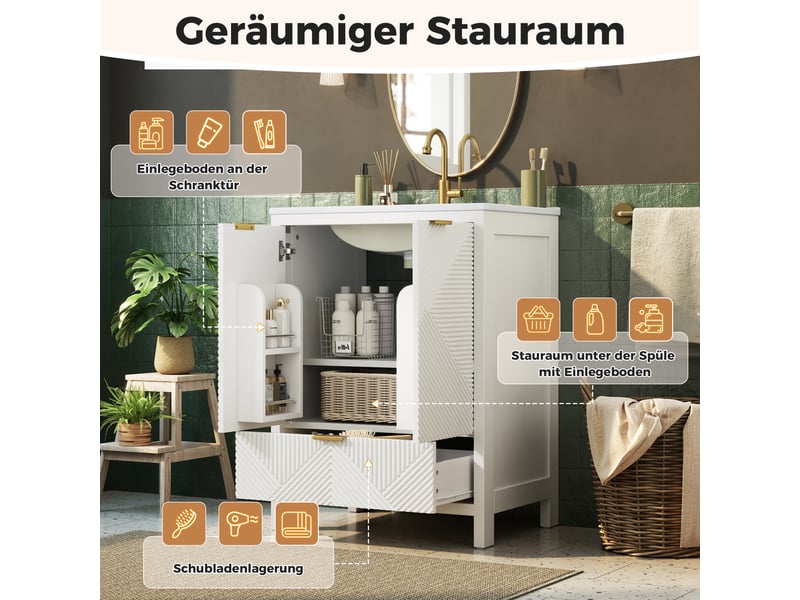  Meuble sous-vasque sur pieds 61 cm blanc, céramique et mdf, façade ondulée, tiroir, doubles portes et fermeture douce  - Conforama C