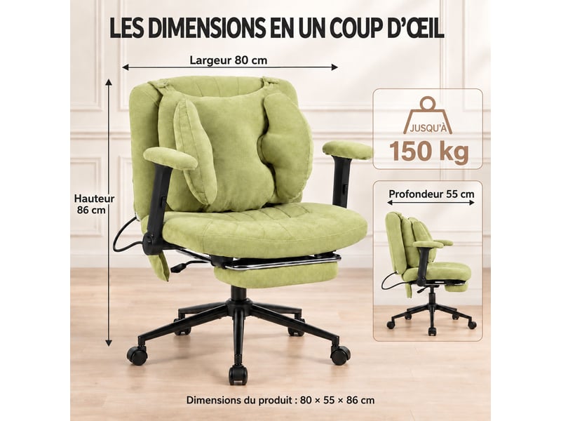  Fauteuil de bureau ergonomique en tissu respirant, coussin lombaire gonflable réglable, assise large pour s’asseoir, vert  - Conforama B