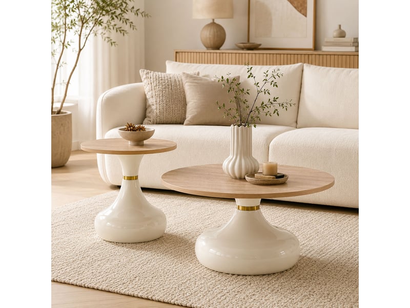Lot de 2 tables basses gigognes brun et métal beige et design sablier lisse et solide - Conforama B