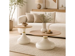 Lot de 2 tables basses gigognes brun et métal beige et design sablier lisse et solide