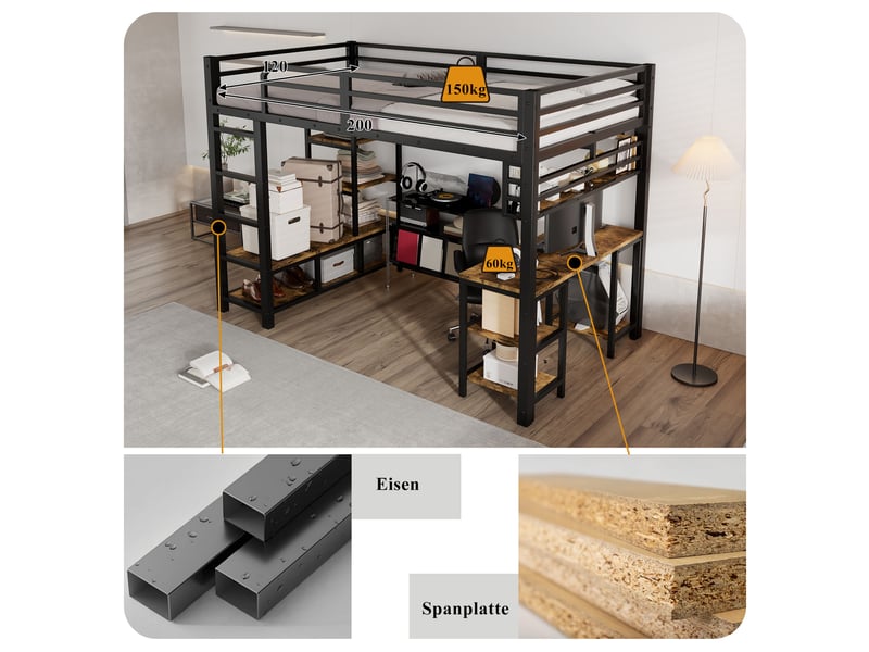  Lit mezzanine enfant 120x200 cm – noir et décor foncé – bureau intégré, étagères stables, sans matelas  - Conforama E