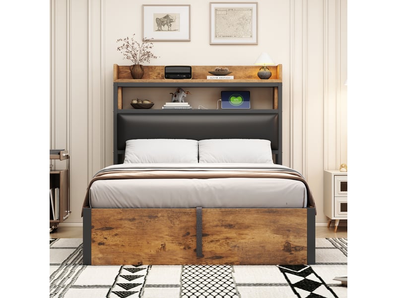  Lit coffre enfant 90x200 cm, rangement et étagère, port usb, motif de bois, sommier, tissu noir, sans matelas  - Conforama B