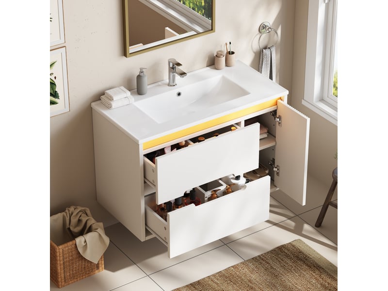 Meuble sous vasque de salle de bain avec 2 tiroirs, 1 porte, étagères réglables, led et lavabo céramique pour salle de bain - Conforama B