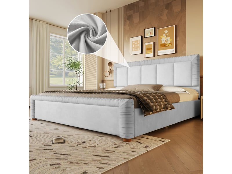 Lit avec rangement 180x200 cm et 2 tiroirs repositionnables, lit double avec tête et pied de lit rembourrés à surpiqûres verticales, velours, gris Seren Glow - Conforama D