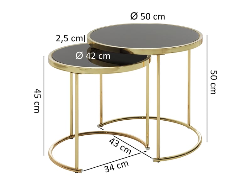  Lot de 2 tables d'appoint 50 et 42 cm en verre noir et métal doré  - Conforama E