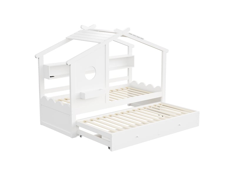  Lit enfant 90x200cm, lit gigogne 90x190cm, 2 tiroirs et led, charge, design en forme de maison, bois, blanc sans matelas  - Conforama W