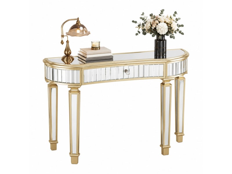 Console demi-lune miroir 120x38x78 cm en mdf et verre avec tiroir dorée et argentée chicfurn - Conforama A