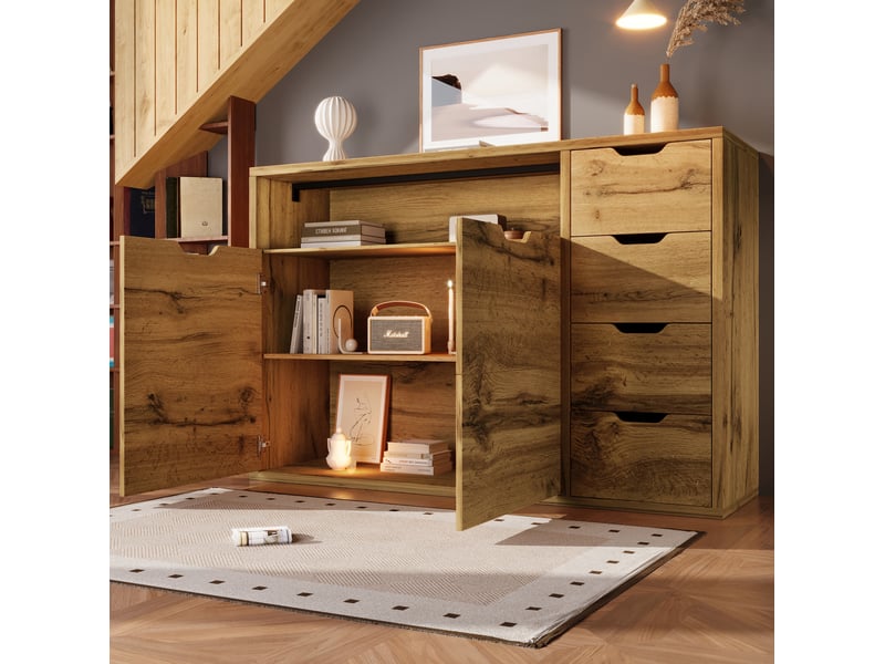  Buffet haut 150 x 40 x 90 cm aspect chêne, 2 portes, 4 tiroirs et niche ouverte  - Conforama C
