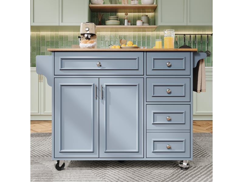 Îlot de cuisine bleu desserte de cuisine multifonction avec plateau pliant extensible, chariot de service vintage en mdf - Conforama E