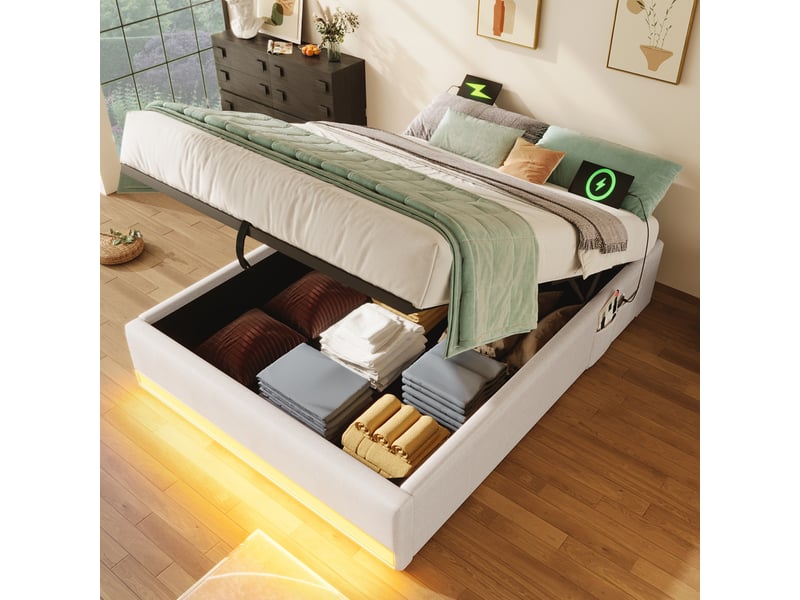  Lit capitonné 90*200cm, beige, sans matelas, led, usb type-c, rangement latéral, relevage hydraulique  - Conforama C