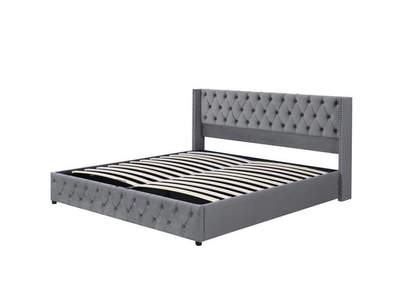  Lit coffre 140x190 avec ouverture hydraulique, tête de lit à rivets et rangement intégré, gris, sans matelas  - Conforama E