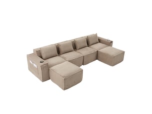 Canapé modulable 4 places avec deux poufs en velours côtelé, ressorts et mousse haute densité, porte-gobelets, coloris kaki
