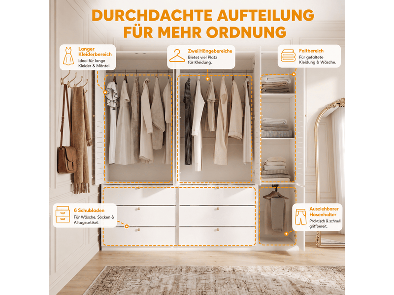Armoire penderie 5 portes 225x50x200 cm en panneaux de particules avec portes à lamelles, 3 tringles et 6 tiroirs, dressing rangement - blanc - Conforama E