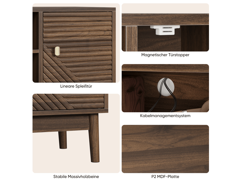 Meuble tv 110x40x48 cm avec grand rangement, banc tv de salon et bureau, 2 portes, structure mdf, coloris noyer élégant - Conforama E