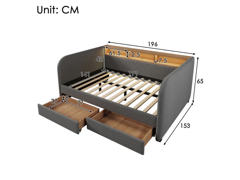  Lit capitonné 140x190 avec led et usb - 2 tiroirs de rangement, tête de lit étagère, lin gris  - Conforama C