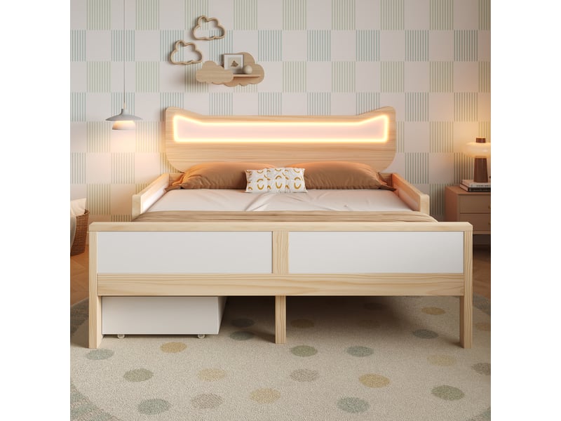  Lit enfant 140x200 cm - tête de lit oreilles de chat avec led rgb - tiroir et rangement réversibles - barrières de sécurité  - Conforama W