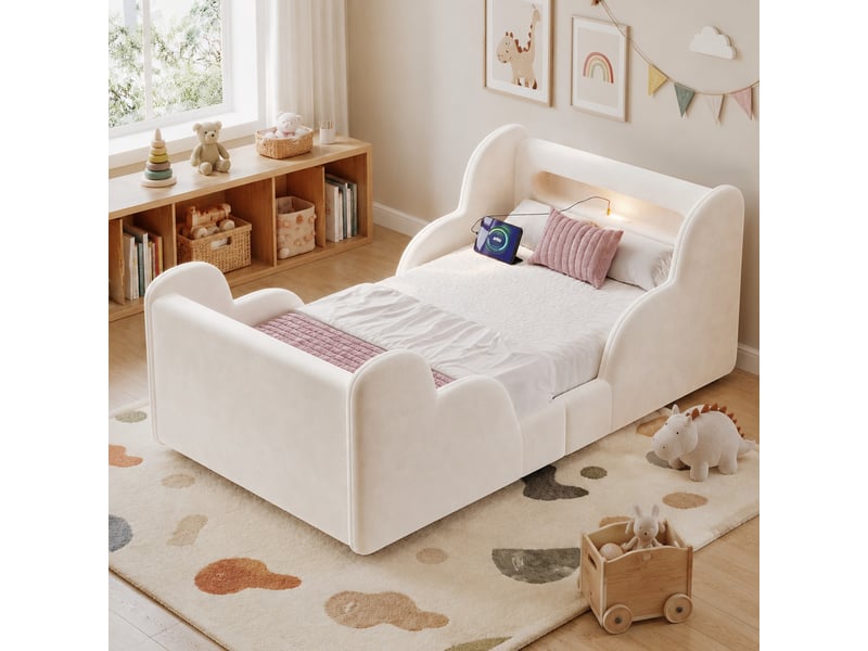  Lit enfant 90x200 cm avec barrières rembourrées, veilleuse et ports usb, velours beige  - Conforama C