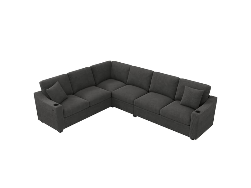  Canapé d'angle l 277x215x85cm - 6 places - usbtype-c + porte-gobelets + modulable - velours côtelé - gris  - Conforama A