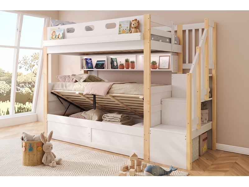  Lit superposé 2x90x200 cm, lit inférieur relevable et escalier de rangement, en bois, blanc et naturel, sans matelas  - Conforama D
