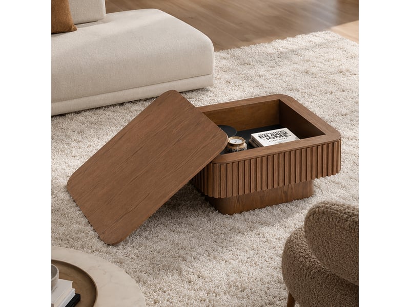  Table basse carrée avec rangement caché, mdf plaqué bois, coloris noyer, 75 x 75 x 35 cm  - Conforama B