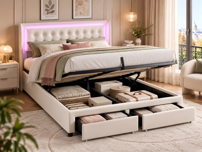 Kefsr lit double 140x190 cm avec coffre et 2 tiroirs - lit capitonné en velours beige avec led rgb et sommier - Conforama B