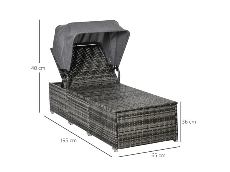  Chaise longue de jardin en résine tressée grise, pare-soleil réglable, coussin, 195 x 65 x 40 cm  - Conforama C