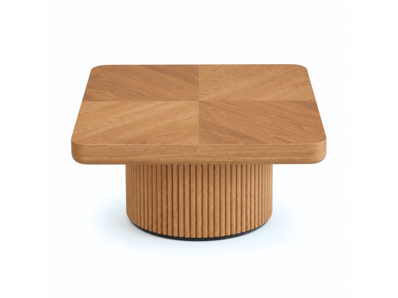  Table basse en bois naturel 78 cm, plateau carré arrondi, base cylindrique cannelée  - Conforama E